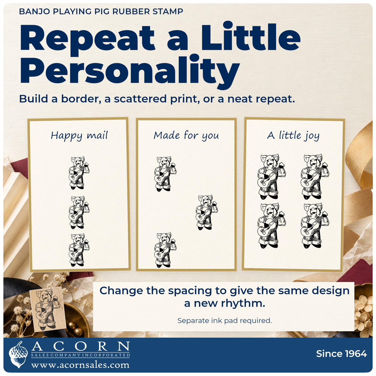 Banjo Playing Pig Rubber Stamp pattern guide showing repeated impressions in borders, scattered prints and a grid.