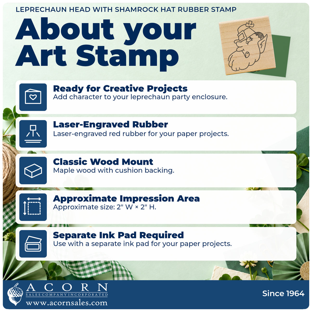 Leprechaun Head with Shamrock Hat Rubber Stamp feature guide covering the wood mount, rubber construction, approximate size and separate ink pad.