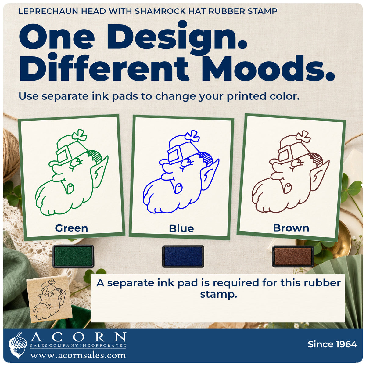 Leprechaun Head with Shamrock Hat Rubber Stamp ink-color infographic comparing three single-color impressions and a separate ink pad.