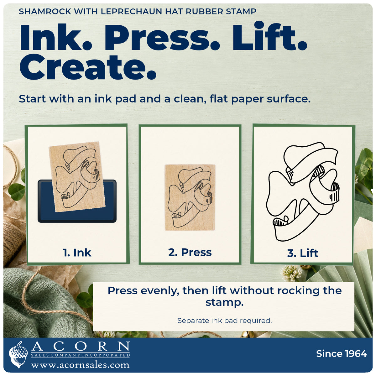 Shamrock with Leprechaun Hat Rubber Stamp stamping guide illustrating how to ink, press and lift the stamp.