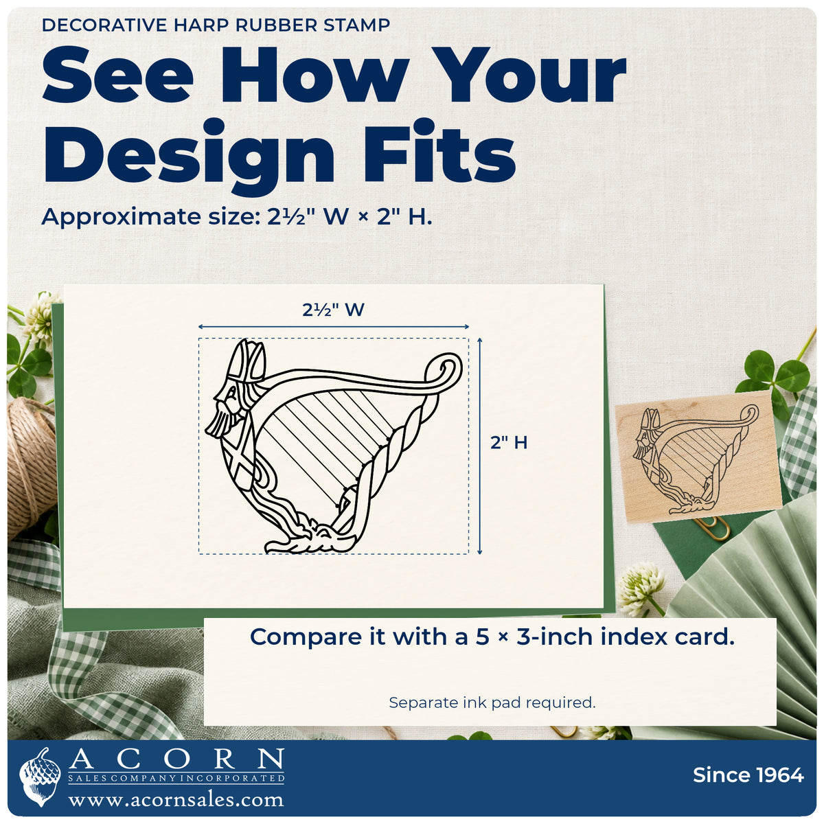 Decorative Harp Rubber Stamp impression-size guide showing the design on a paper reference with dimension labels.