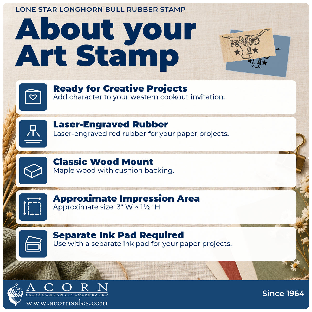 Lone Star Longhorn Bull Rubber Stamp feature guide covering the wood mount, rubber construction, approximate size and separate ink pad.