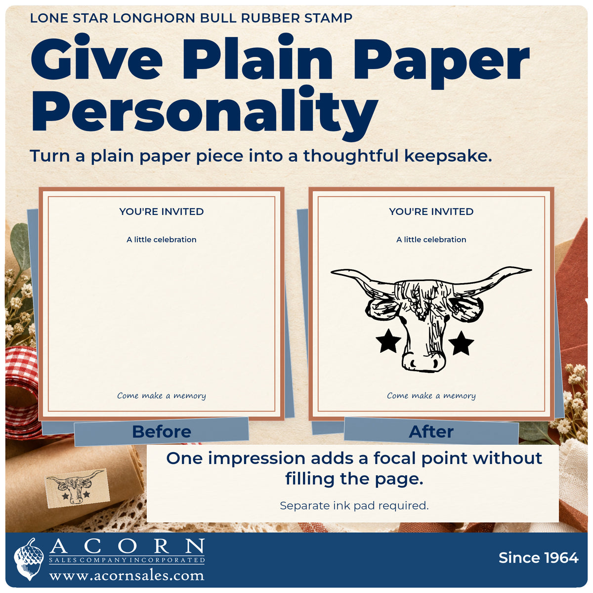 Lone Star Longhorn Bull Rubber Stamp before-and-after infographic comparing plain paper with the stamped project.