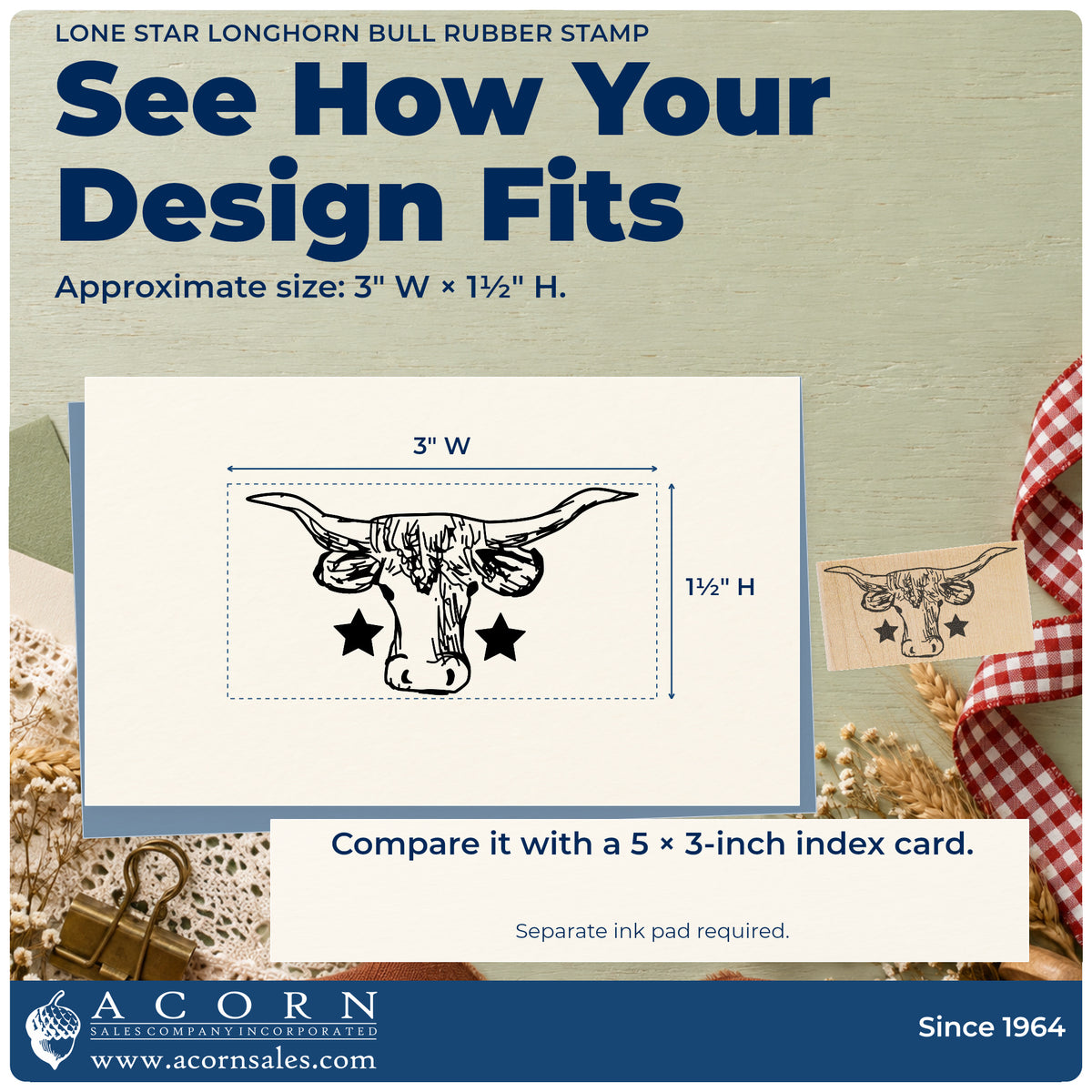 Lone Star Longhorn Bull Rubber Stamp impression-size guide showing the design on a paper reference with dimension labels.