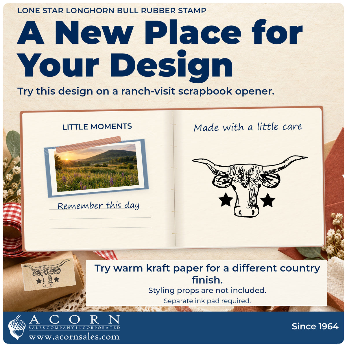 Lone Star Longhorn Bull Rubber Stamp project inspiration: ranch visit scrapbook opener.