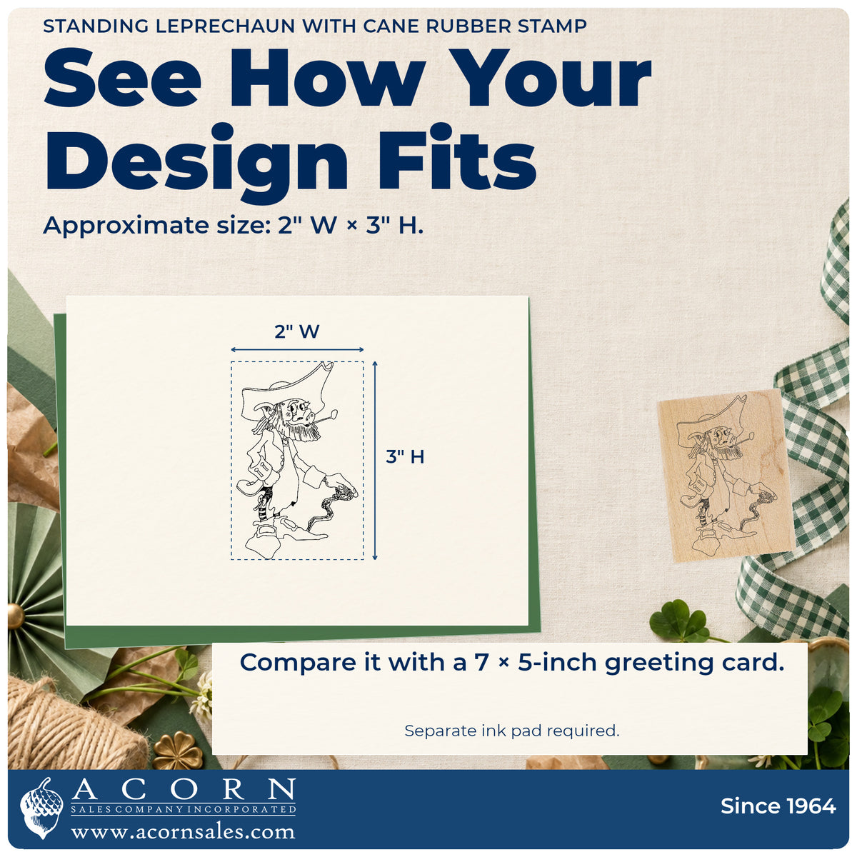 Standing Leprechaun with Cane Rubber Stamp impression-size guide showing the design on a paper reference with dimension labels.