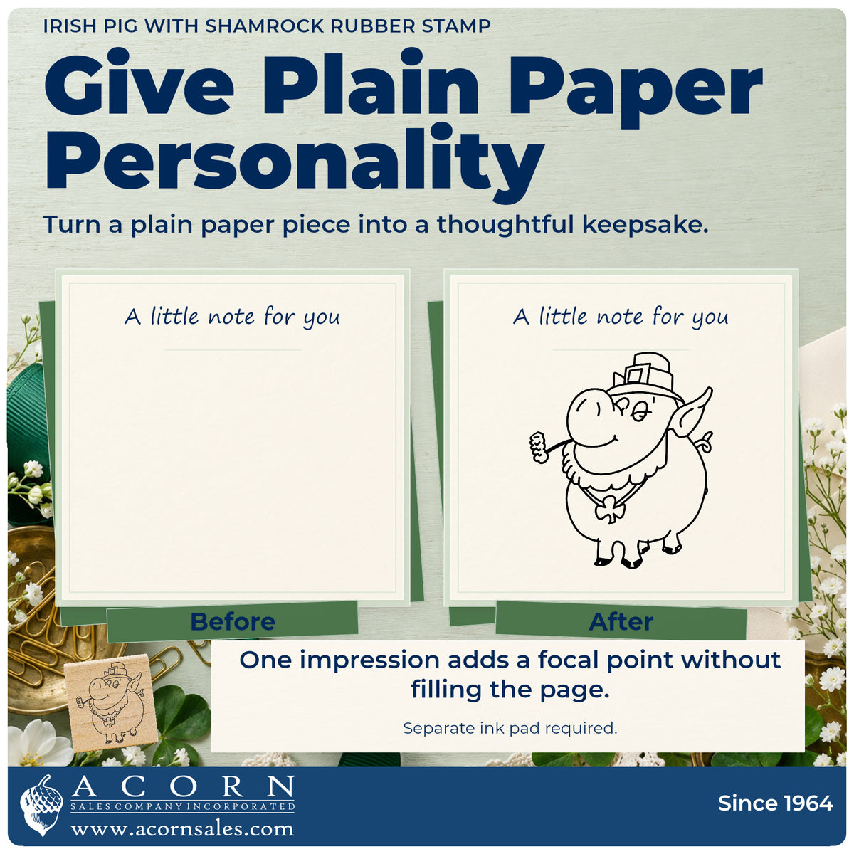 Irish Pig with Shamrock Rubber Stamp before-and-after infographic comparing plain paper with the stamped project.