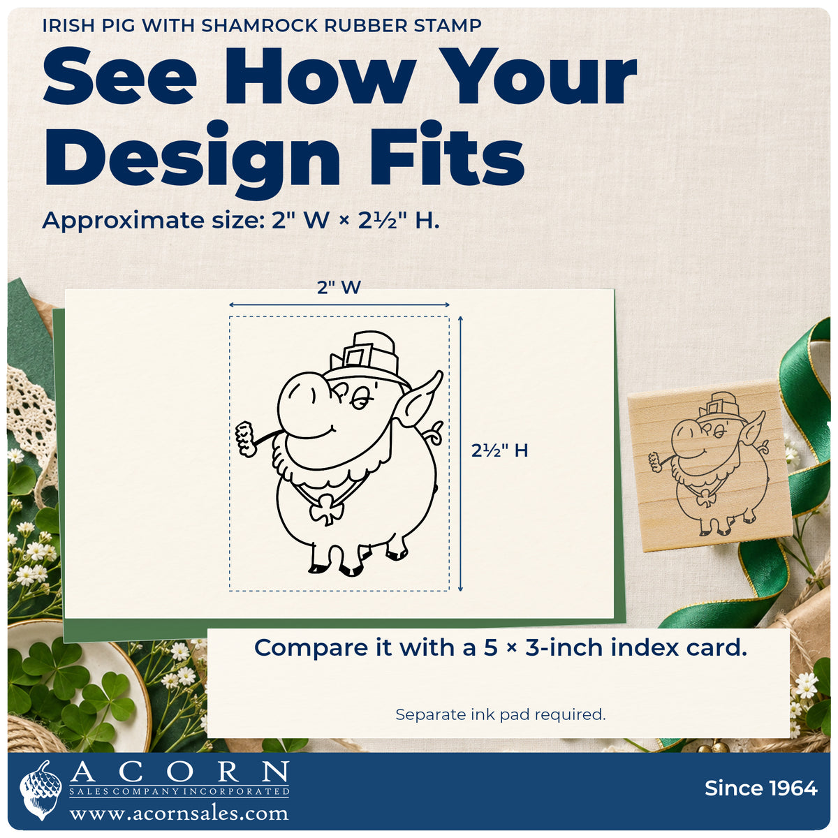 Irish Pig with Shamrock Rubber Stamp impression-size guide showing the design on a paper reference with dimension labels.