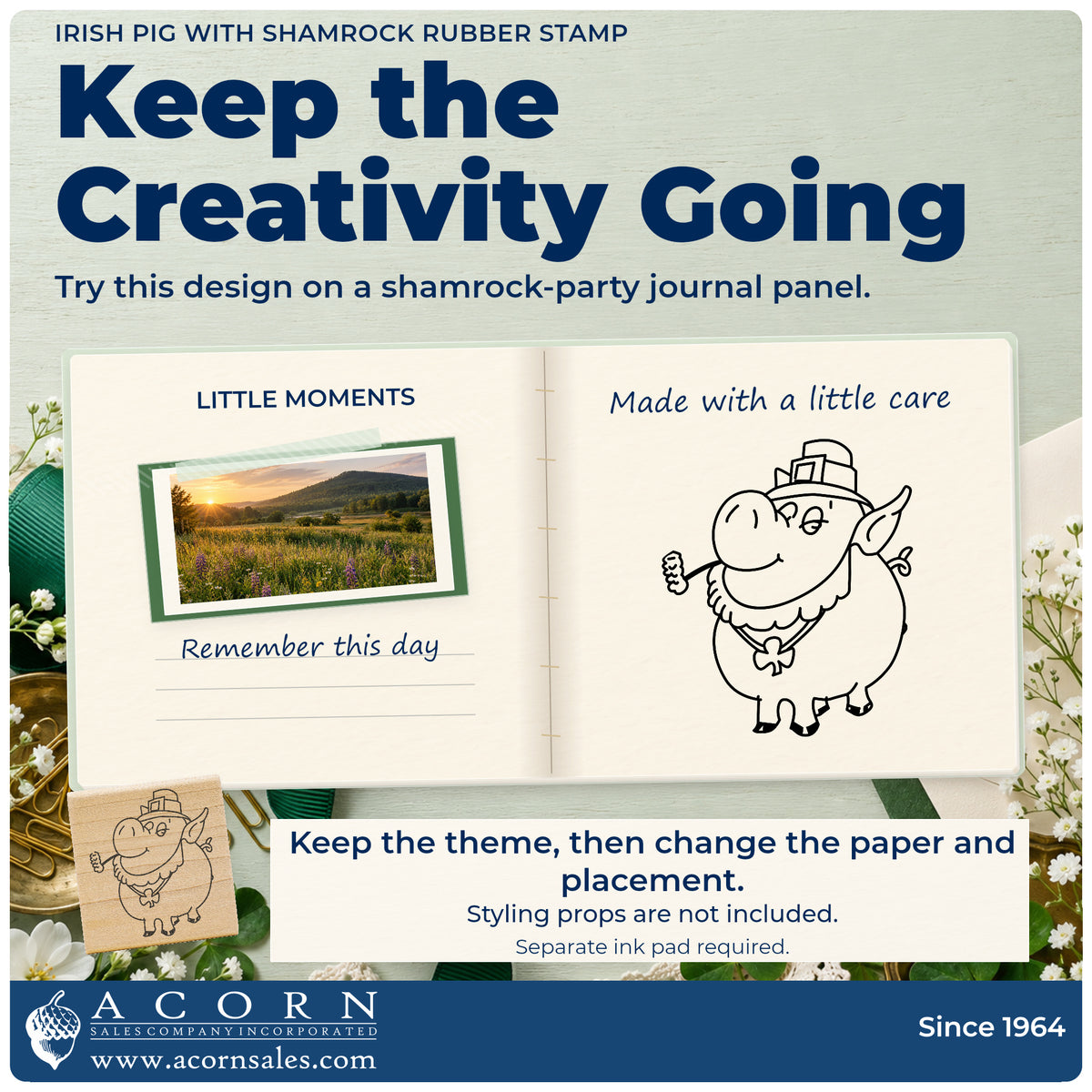 Irish Pig with Shamrock Rubber Stamp project inspiration: shamrock party journal panel.