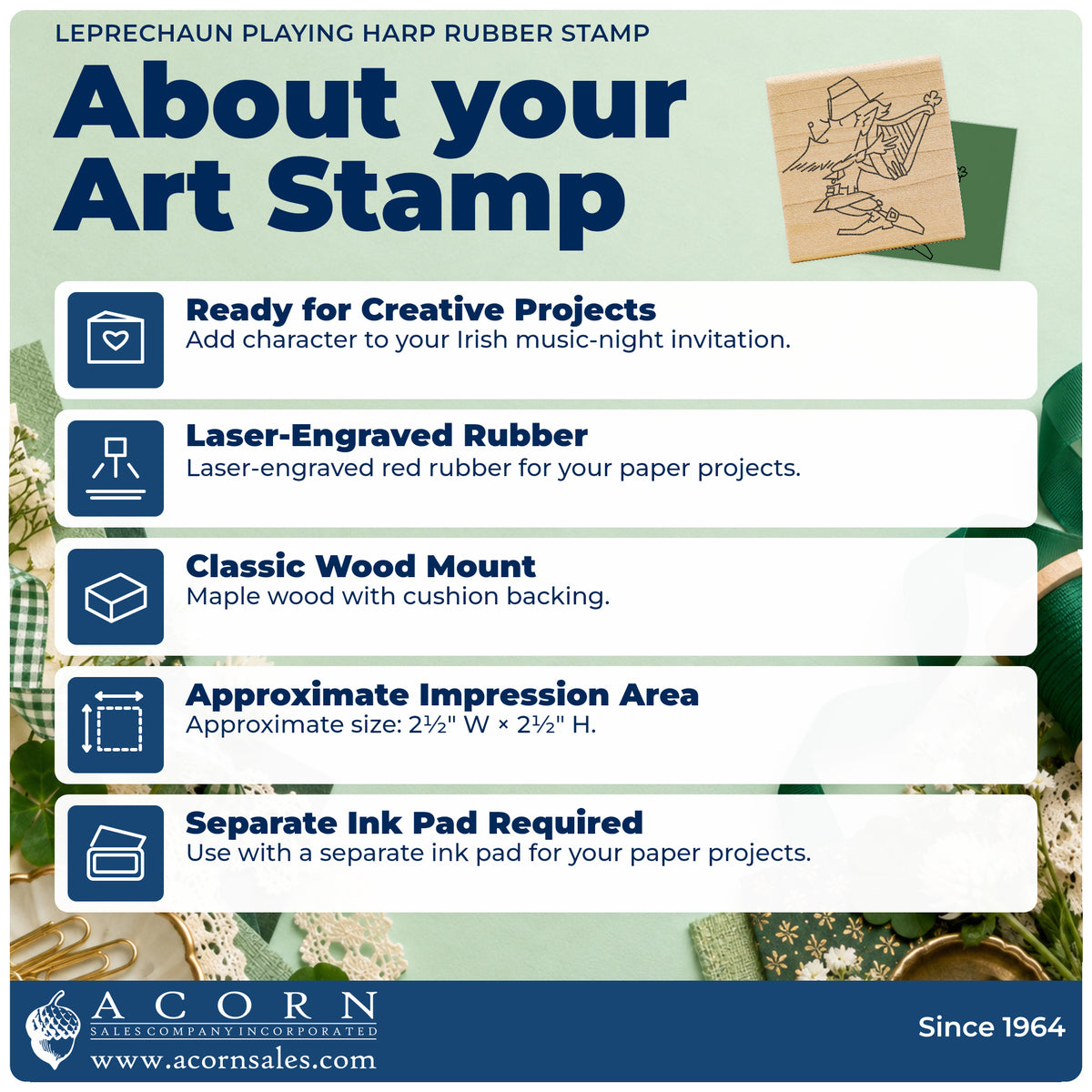 Leprechaun Playing Harp Rubber Stamp feature guide covering the wood mount, rubber construction, approximate size and separate ink pad.