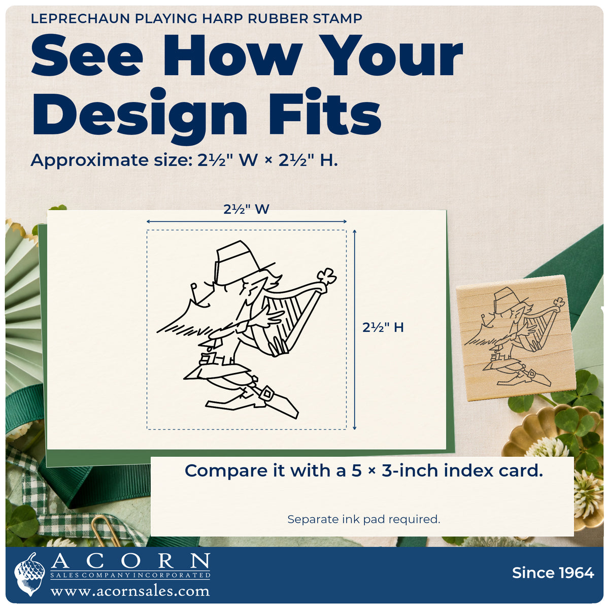 Leprechaun Playing Harp Rubber Stamp impression-size guide showing the design on a paper reference with dimension labels.