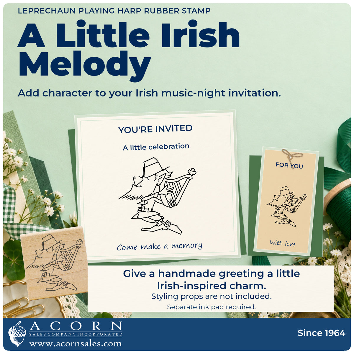 Leprechaun Playing Harp Rubber Stamp project inspiration: irish music night invitation.