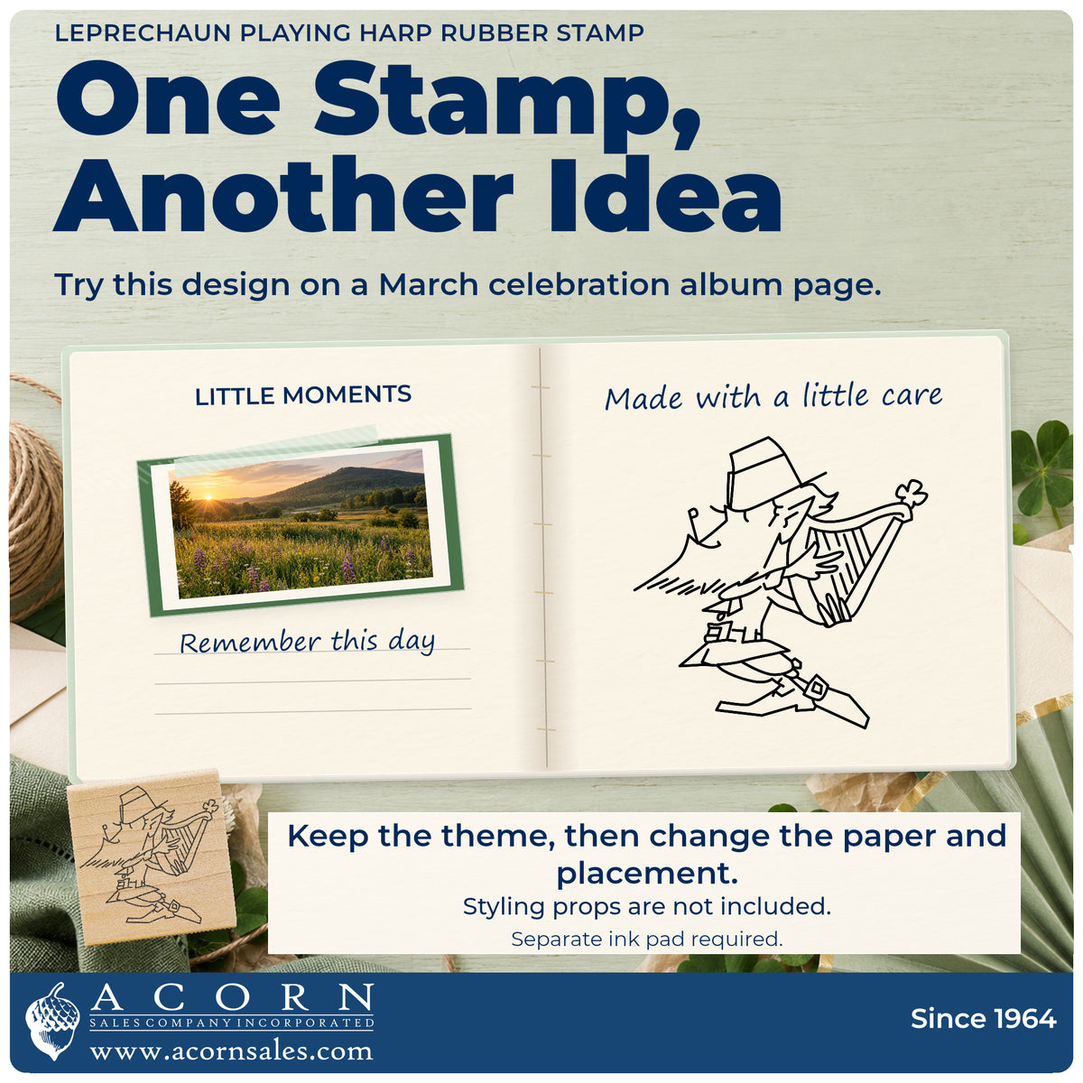 Leprechaun Playing Harp Rubber Stamp project inspiration: march celebration album page.