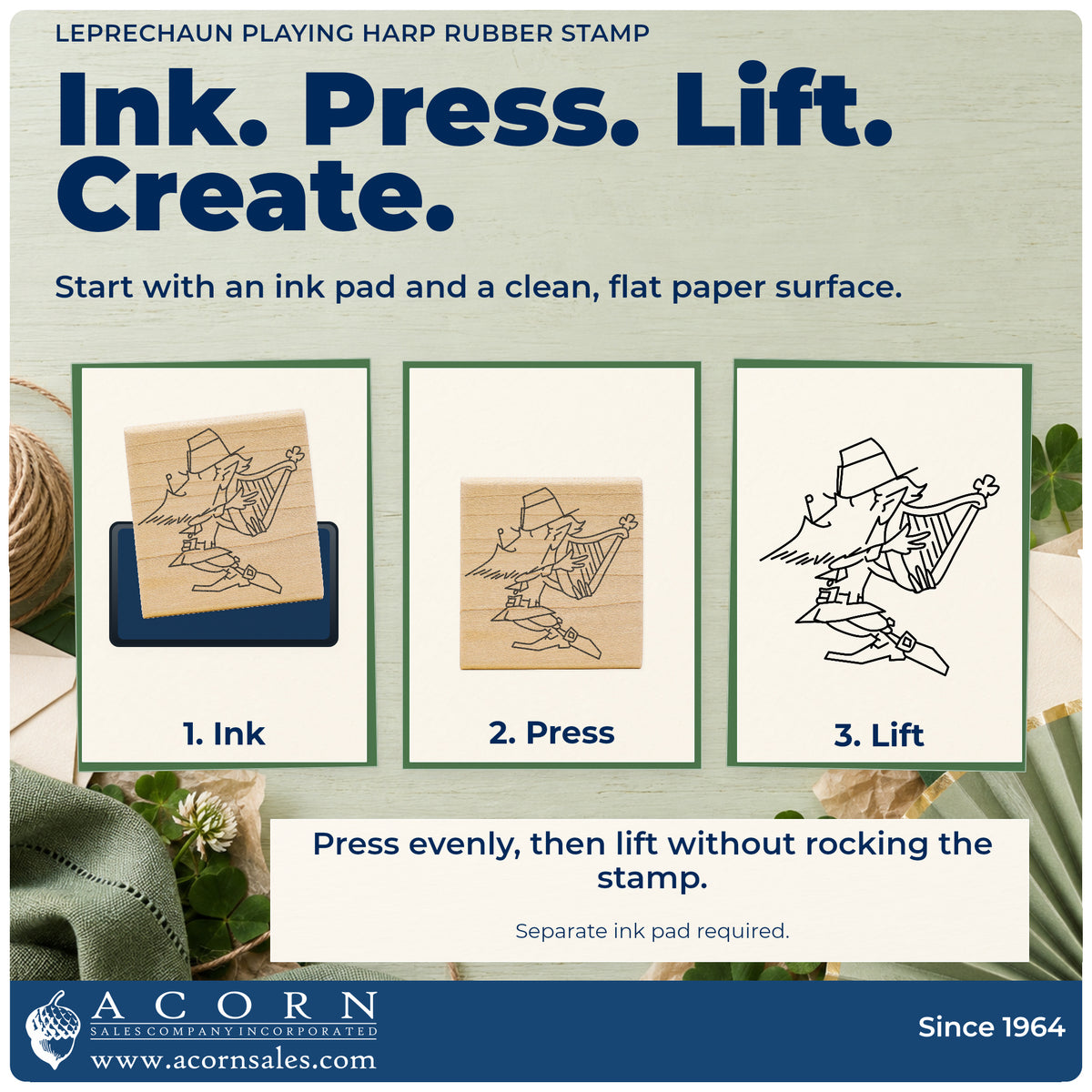 Leprechaun Playing Harp Rubber Stamp stamping guide illustrating how to ink, press and lift the stamp.