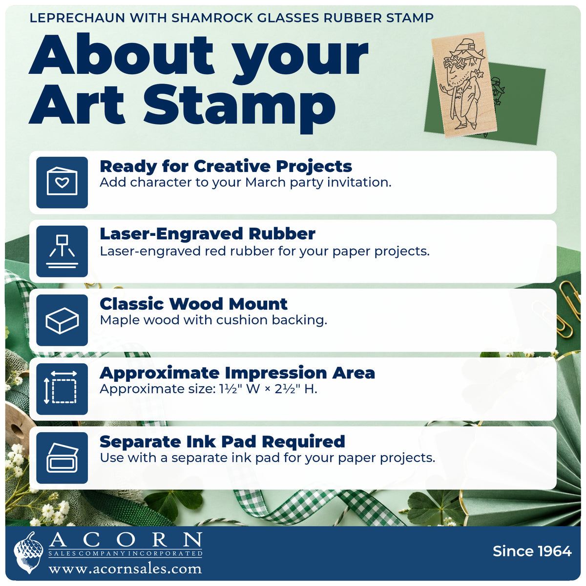 Leprechaun with Shamrock Glasses Rubber Stamp feature guide covering the wood mount, rubber construction, approximate size and separate ink pad.