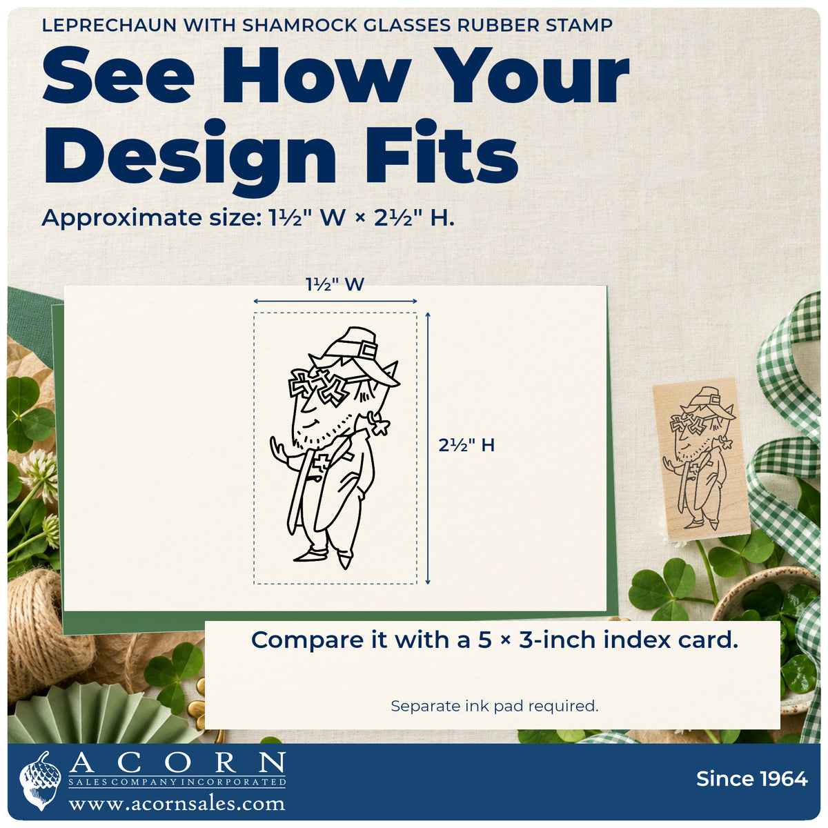 Leprechaun with Shamrock Glasses Rubber Stamp impression-size guide showing the design on a paper reference with dimension labels.