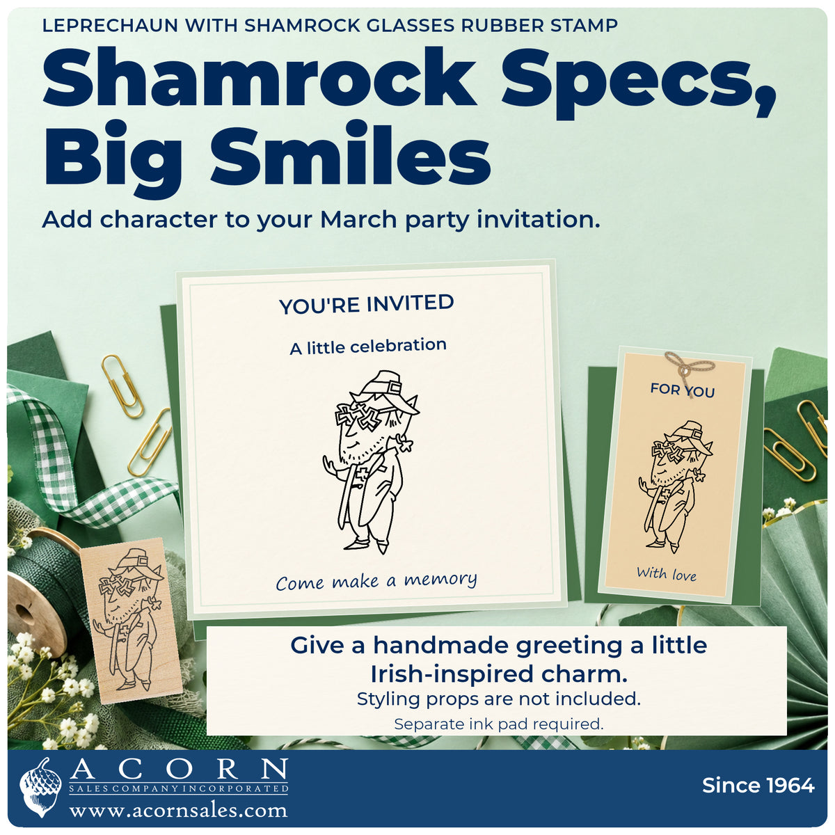 Leprechaun with Shamrock Glasses Rubber Stamp project inspiration: march party invitation.