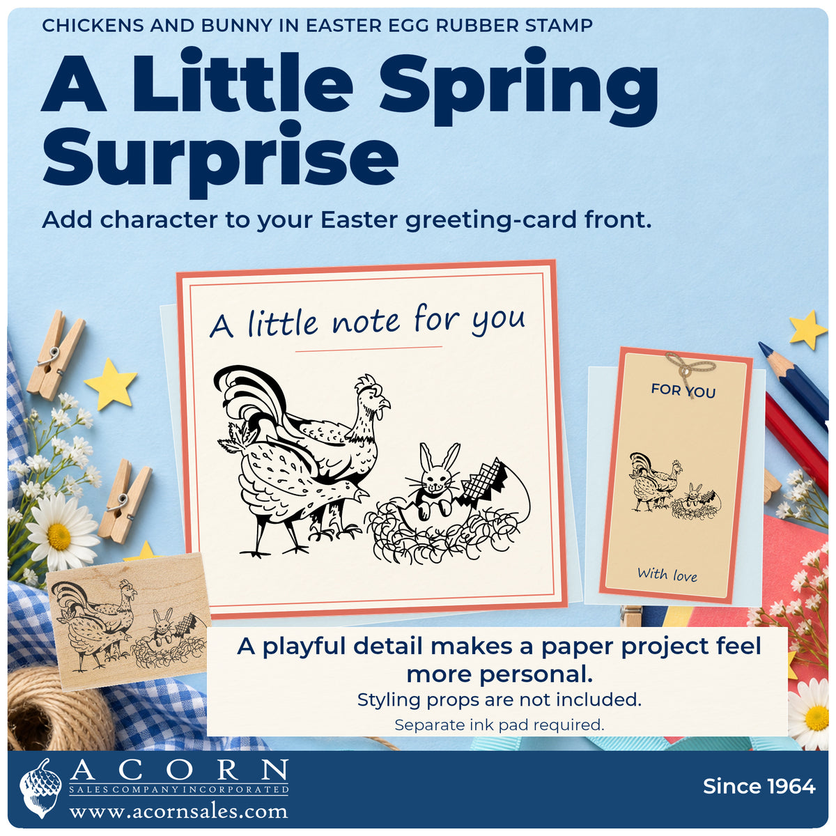 Chickens and Bunny in Easter Egg Rubber Stamp project inspiration: Easter greeting card front.