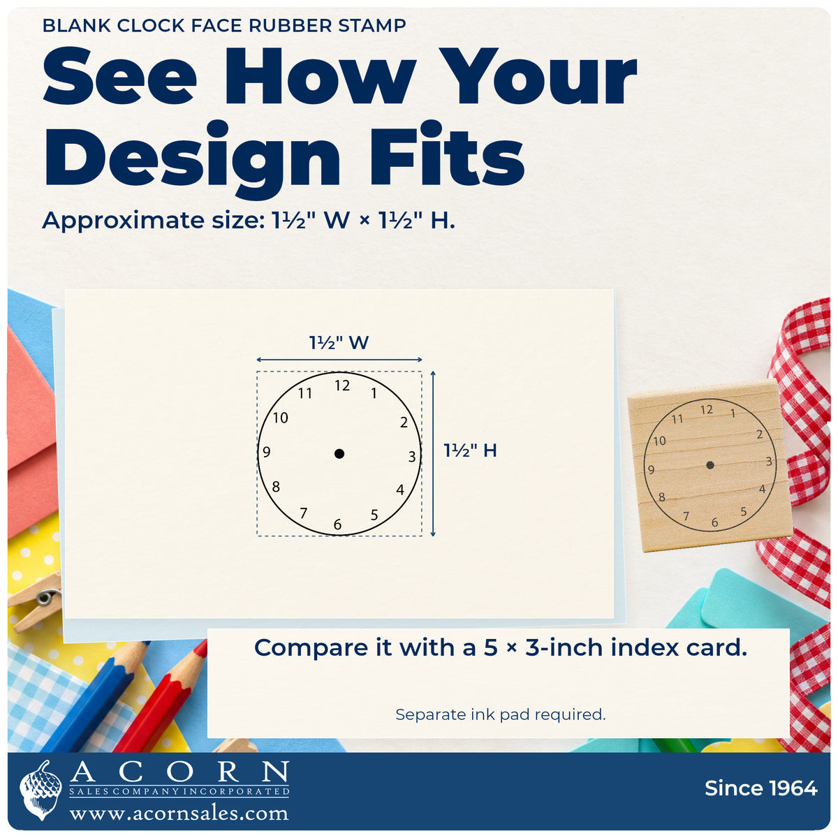 Blank Clock Face Rubber Stamp impression-size guide showing the design on a paper reference with dimension labels.