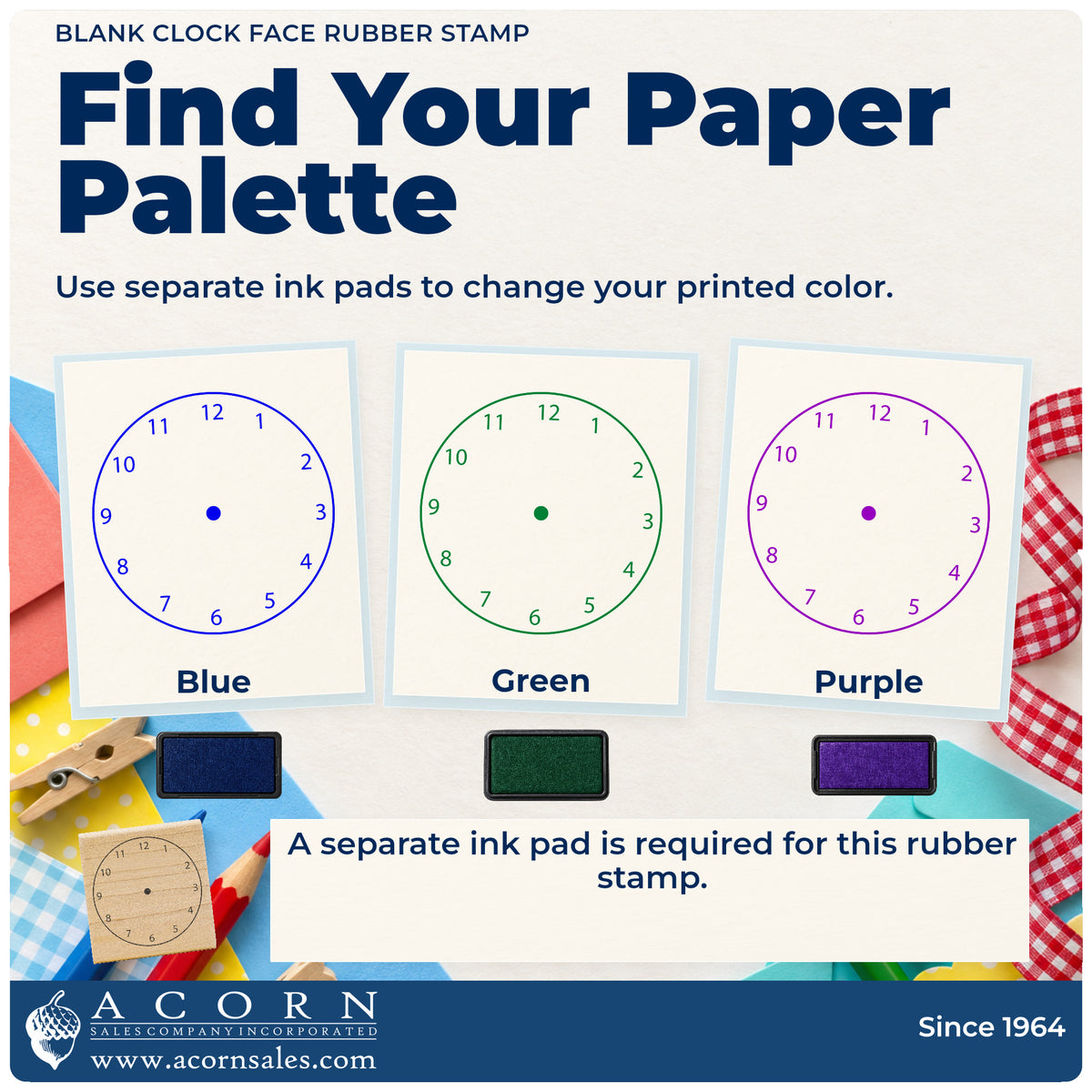 Blank Clock Face Rubber Stamp ink-color infographic comparing three single-color impressions and a separate ink pad.