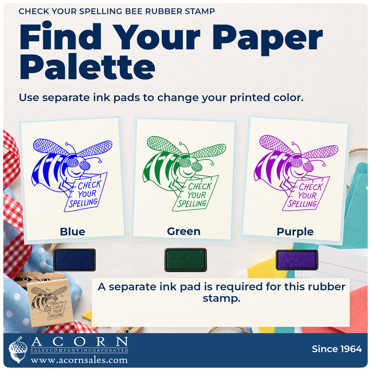 Check Your Spelling Bee Rubber Stamp ink-color infographic comparing three single-color impressions and a separate ink pad.
