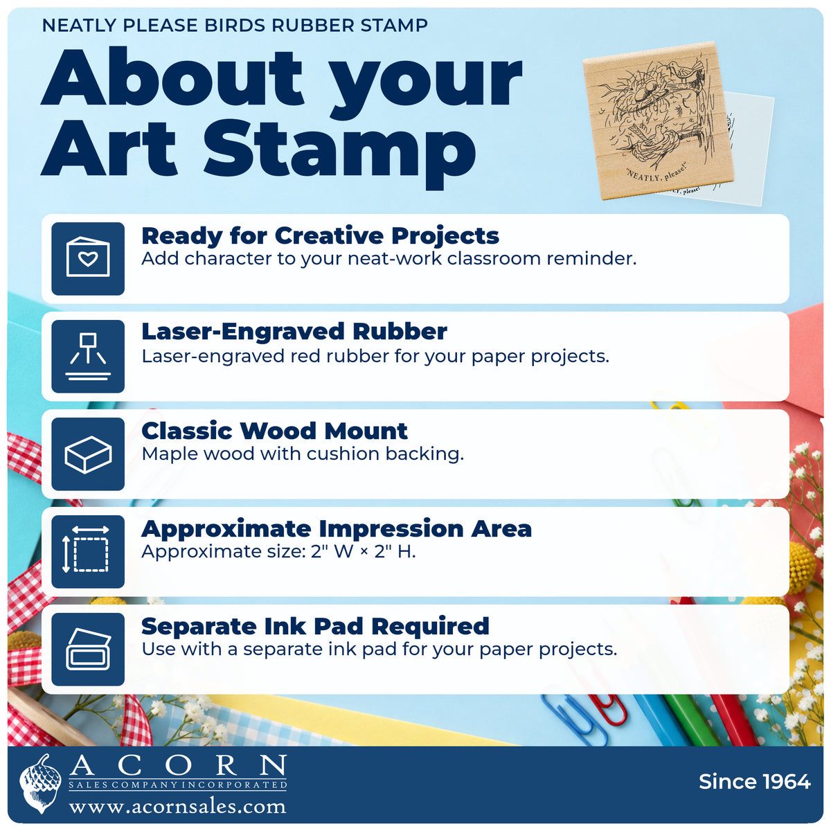 Neatly Please Birds Rubber Stamp feature guide covering the wood mount, rubber construction, approximate size and separate ink pad.