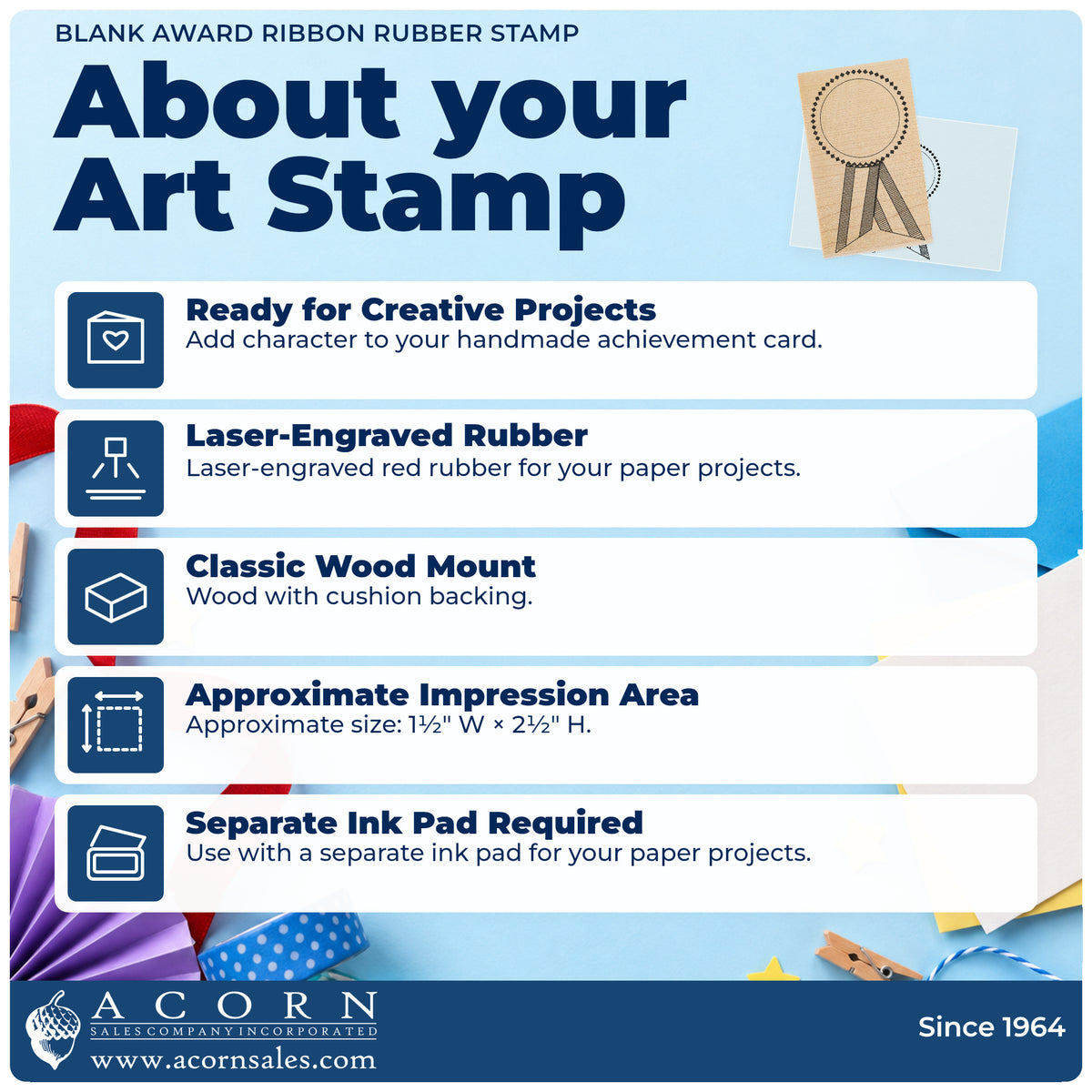 Blank Award Ribbon Rubber Stamp feature guide covering the wood mount, rubber construction, approximate size and separate ink pad.