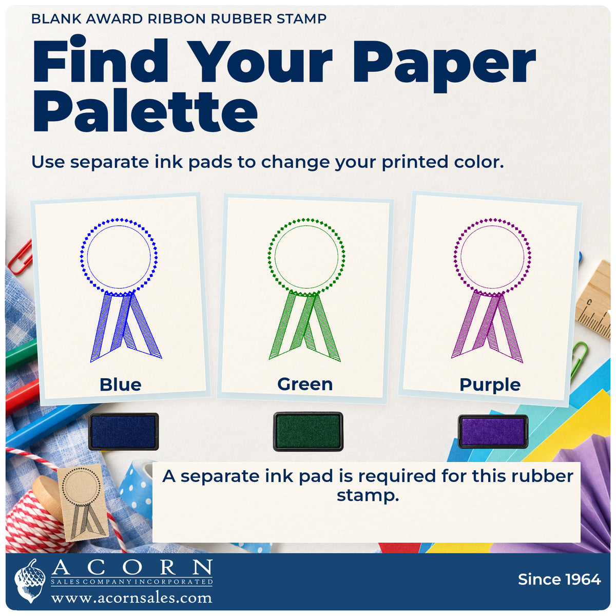 Blank Award Ribbon Rubber Stamp ink-color infographic comparing three single-color impressions and a separate ink pad.