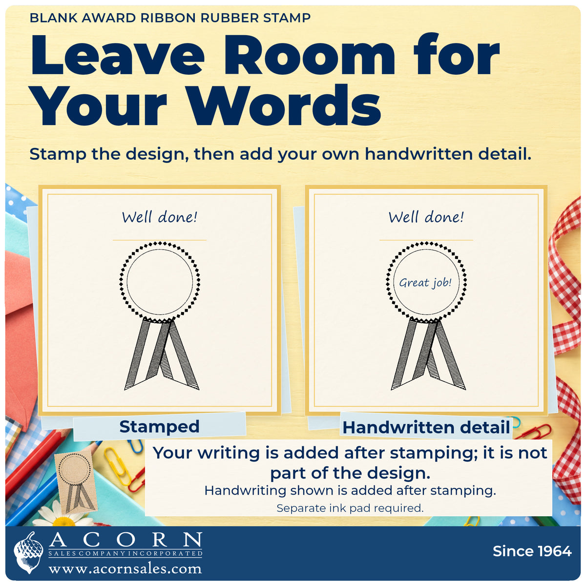 Blank Award Ribbon Rubber Stamp stamp-then-write infographic showing how to add a handwritten message to the stamped design.