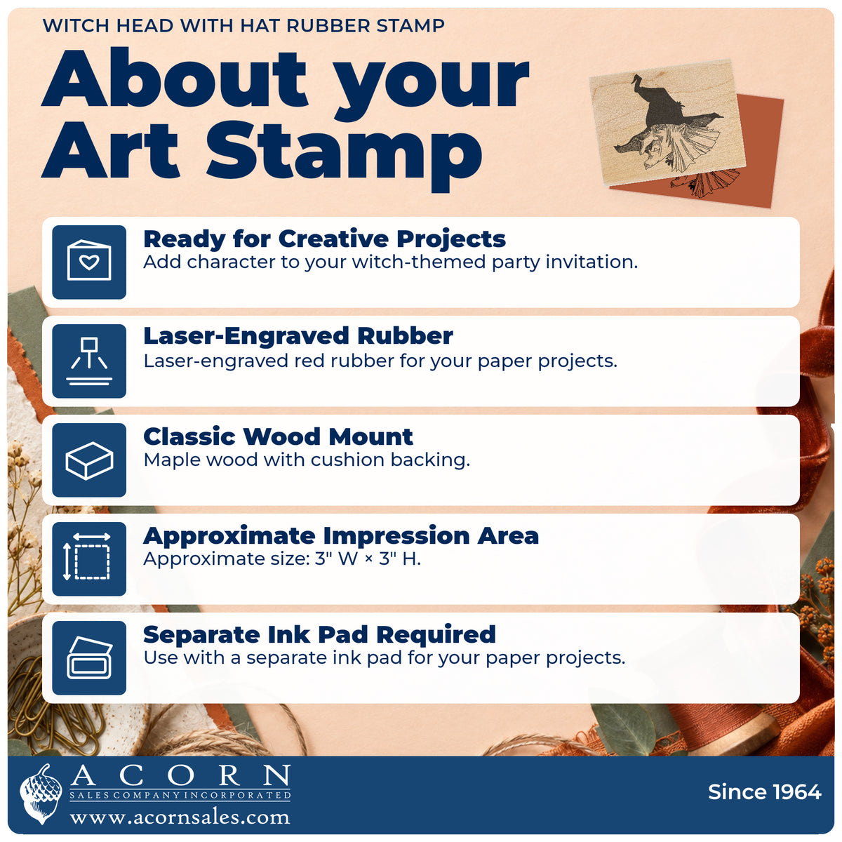 Witch Head with Hat Rubber Stamp feature guide covering the wood mount, rubber construction, approximate size and separate ink pad.