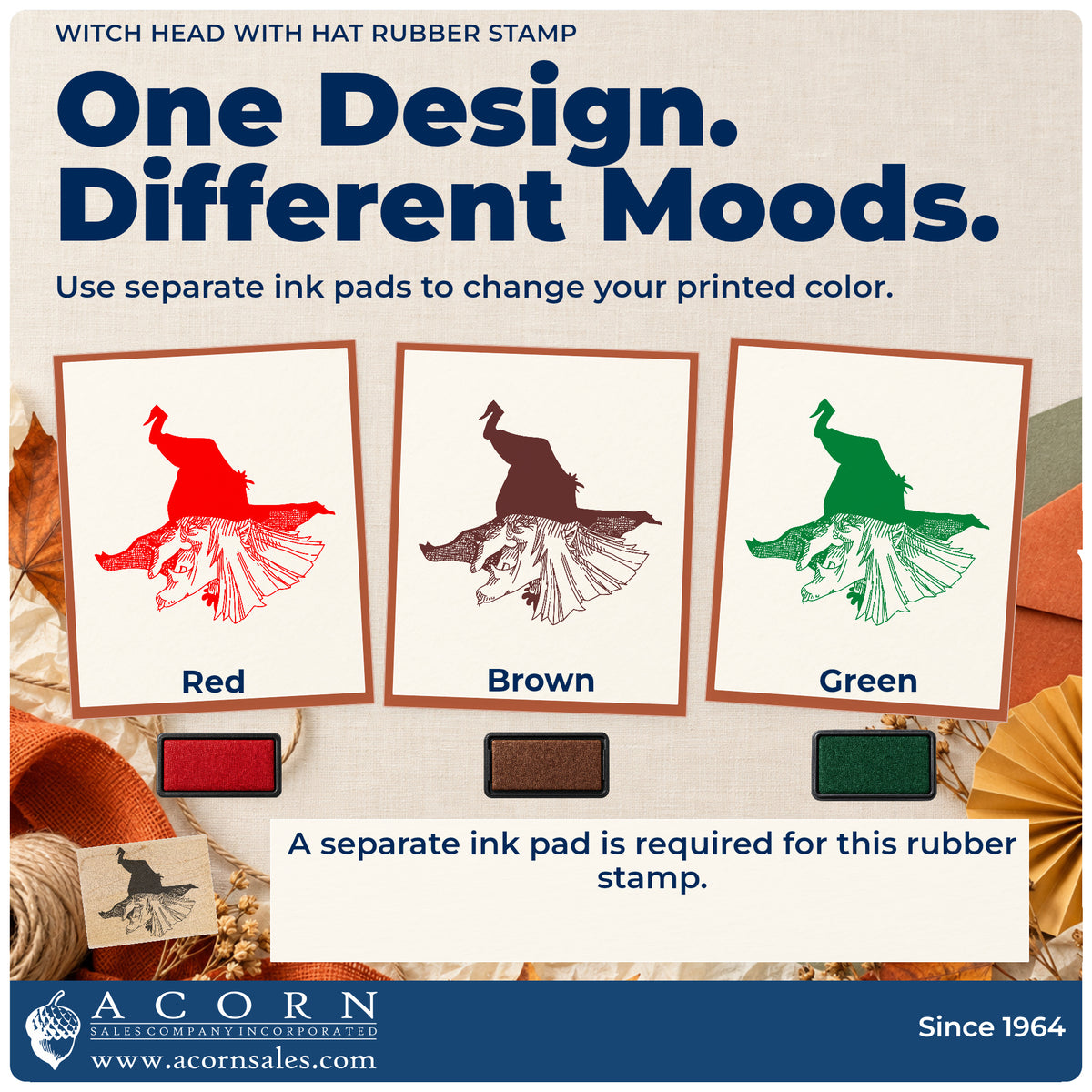 Witch Head with Hat Rubber Stamp ink-color infographic comparing three single-color impressions and a separate ink pad.