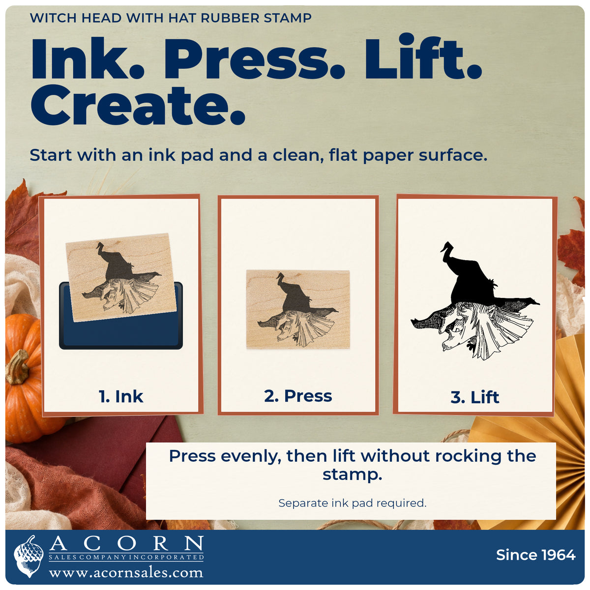 Witch Head with Hat Rubber Stamp stamping guide illustrating how to ink, press and lift the stamp.