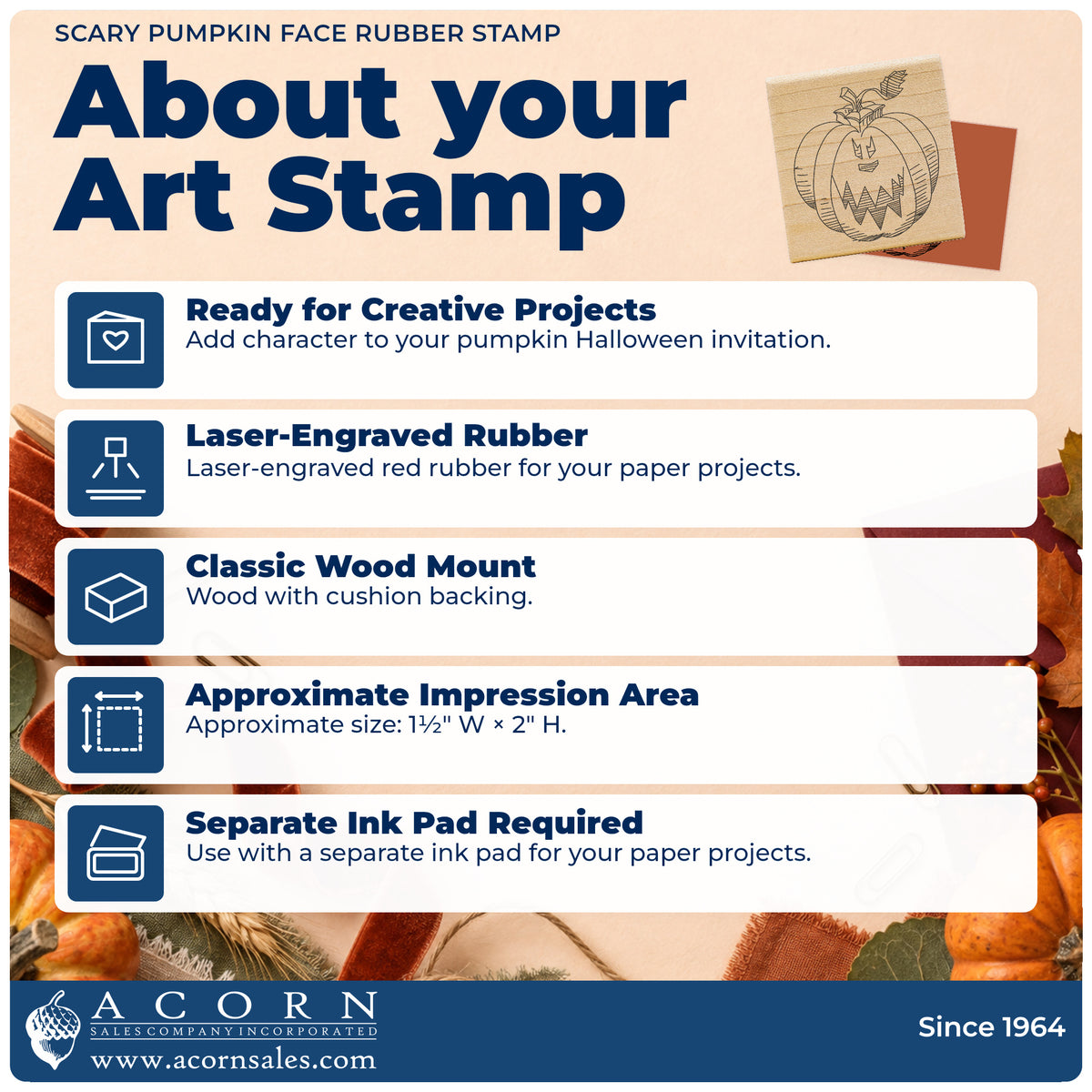 Scary Pumpkin Face Rubber Stamp feature guide covering the wood mount, rubber construction, approximate size and separate ink pad.
