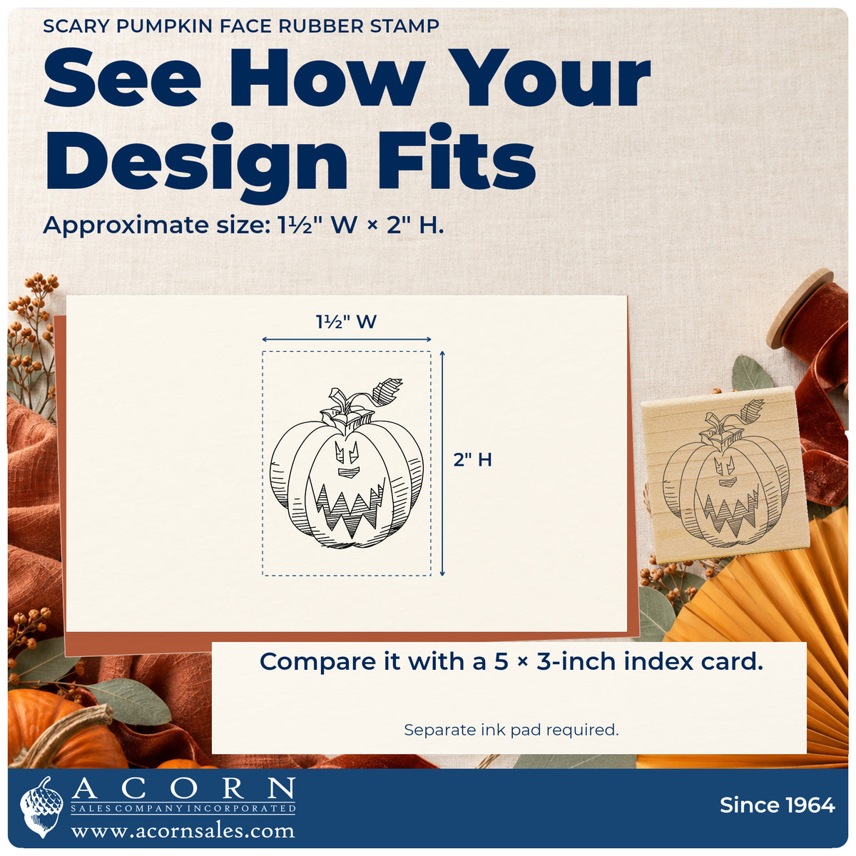 Scary Pumpkin Face Rubber Stamp impression-size guide showing the design on a paper reference with dimension labels.