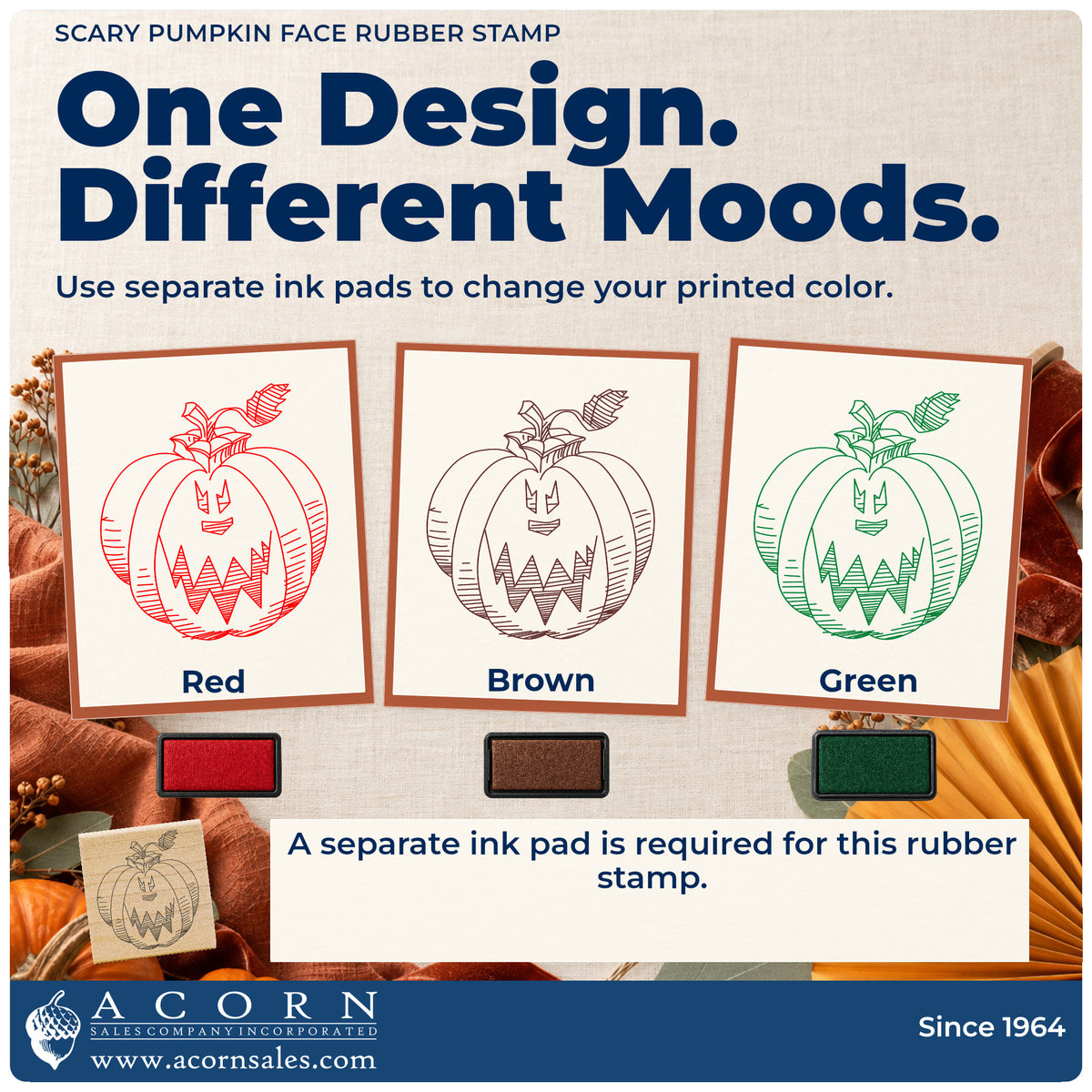 Scary Pumpkin Face Rubber Stamp ink-color infographic comparing three single-color impressions and a separate ink pad.