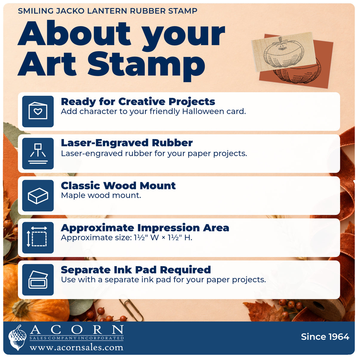 Smiling Jacko Lantern Rubber Stamp feature guide covering the wood mount, rubber construction, approximate size and separate ink pad.