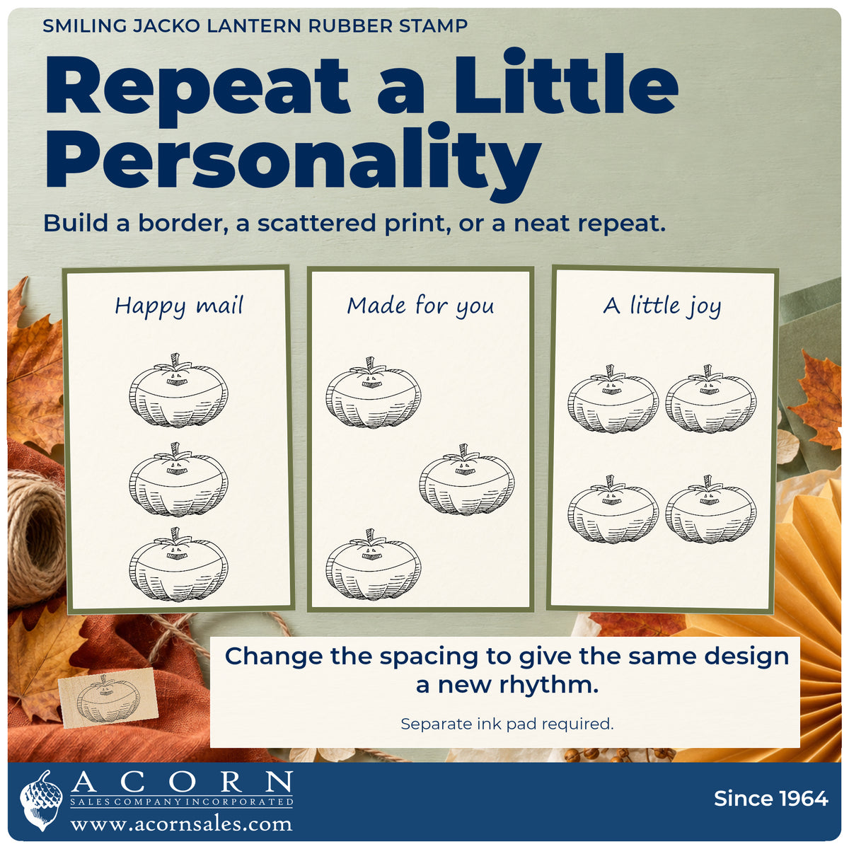 Smiling Jacko Lantern Rubber Stamp pattern guide showing repeated impressions in borders, scattered prints and a grid.
