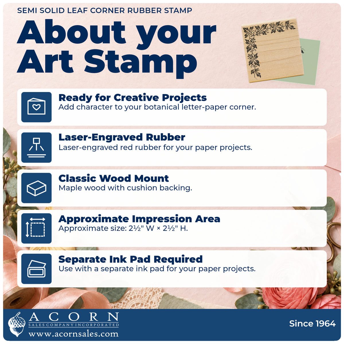 Semi Solid Leaf Corner Rubber Stamp feature guide covering the wood mount, rubber construction, approximate size and separate ink pad.