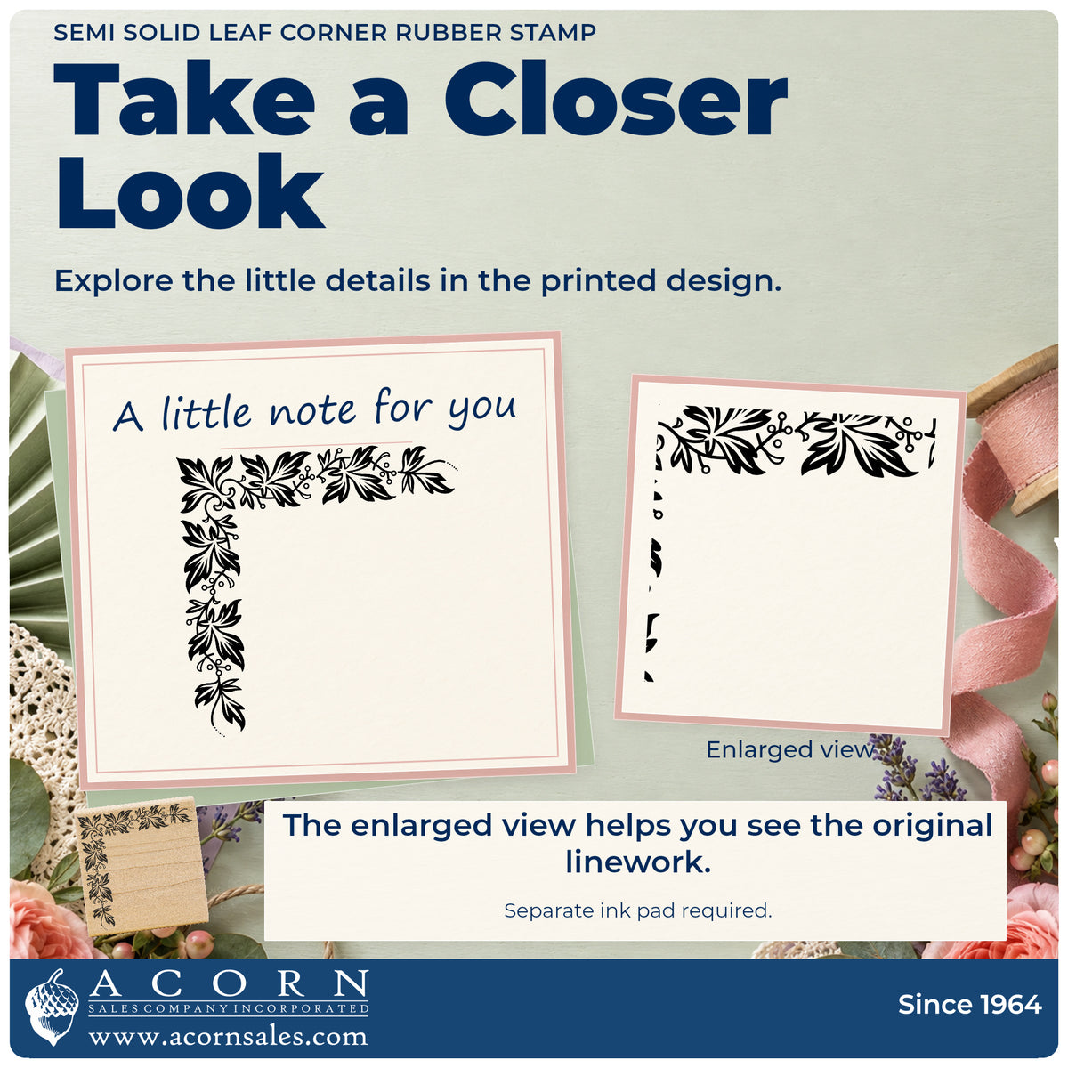 Semi Solid Leaf Corner Rubber Stamp detail infographic with an enlarged view of the printed design.