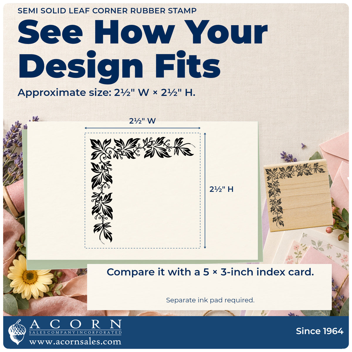 Semi Solid Leaf Corner Rubber Stamp impression-size guide showing the design on a paper reference with dimension labels.