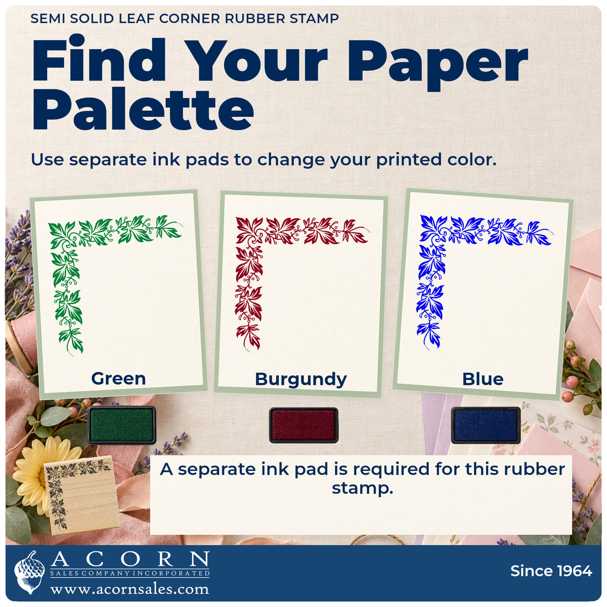 Semi Solid Leaf Corner Rubber Stamp ink-color infographic comparing three single-color impressions and a separate ink pad.