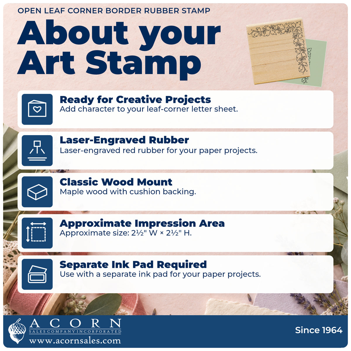 Open Leaf Corner Border Rubber Stamp feature guide covering the wood mount, rubber construction, approximate size and separate ink pad.