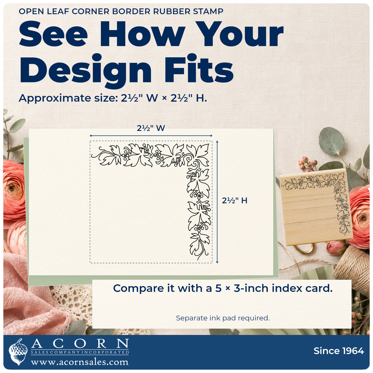 Open Leaf Corner Border Rubber Stamp impression-size guide showing the design on a paper reference with dimension labels.