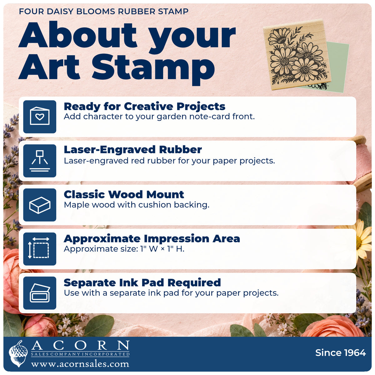 Four Daisy Blooms Rubber Stamp feature guide covering the wood mount, rubber construction, approximate size and separate ink pad.