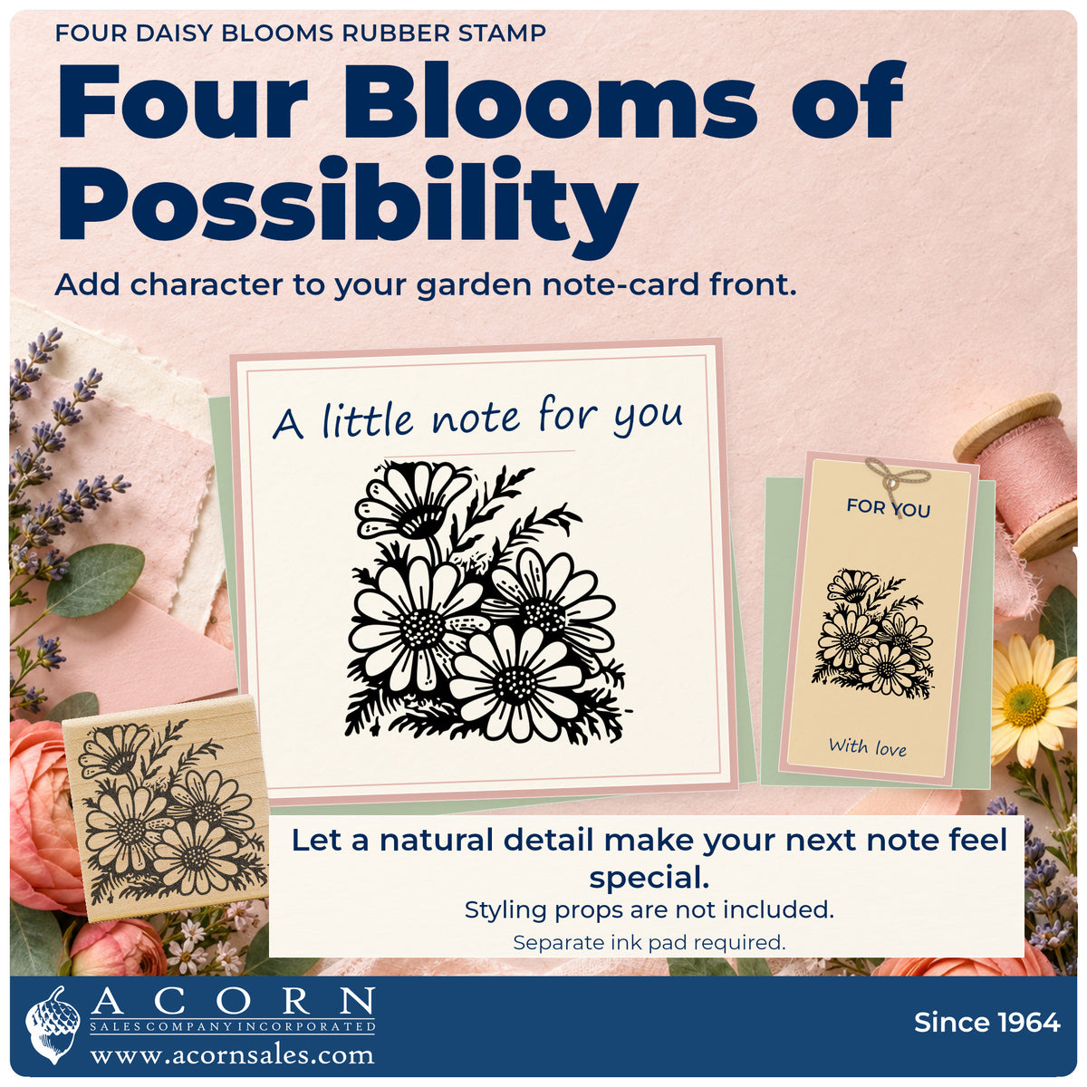 Four Daisy Blooms Rubber Stamp project inspiration: garden note card front.