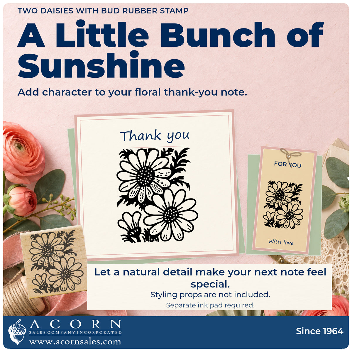Two Daisies with Bud Rubber Stamp project inspiration: floral thank you note.