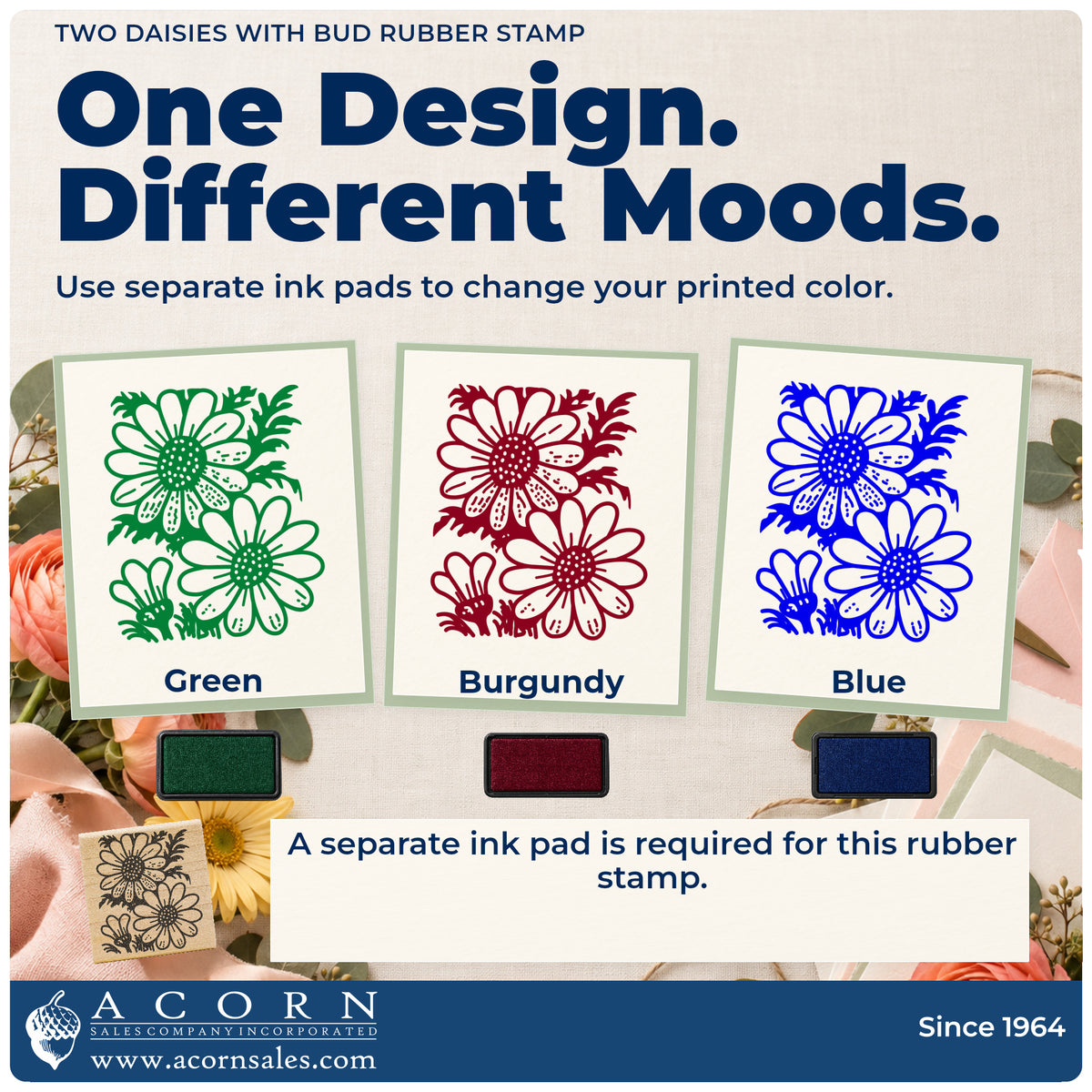Two Daisies with Bud Rubber Stamp ink-color infographic comparing three single-color impressions and a separate ink pad.