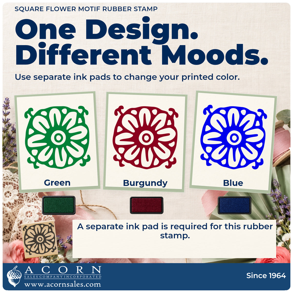 Square Flower Motif Rubber Stamp ink-color infographic comparing three single-color impressions and a separate ink pad.
