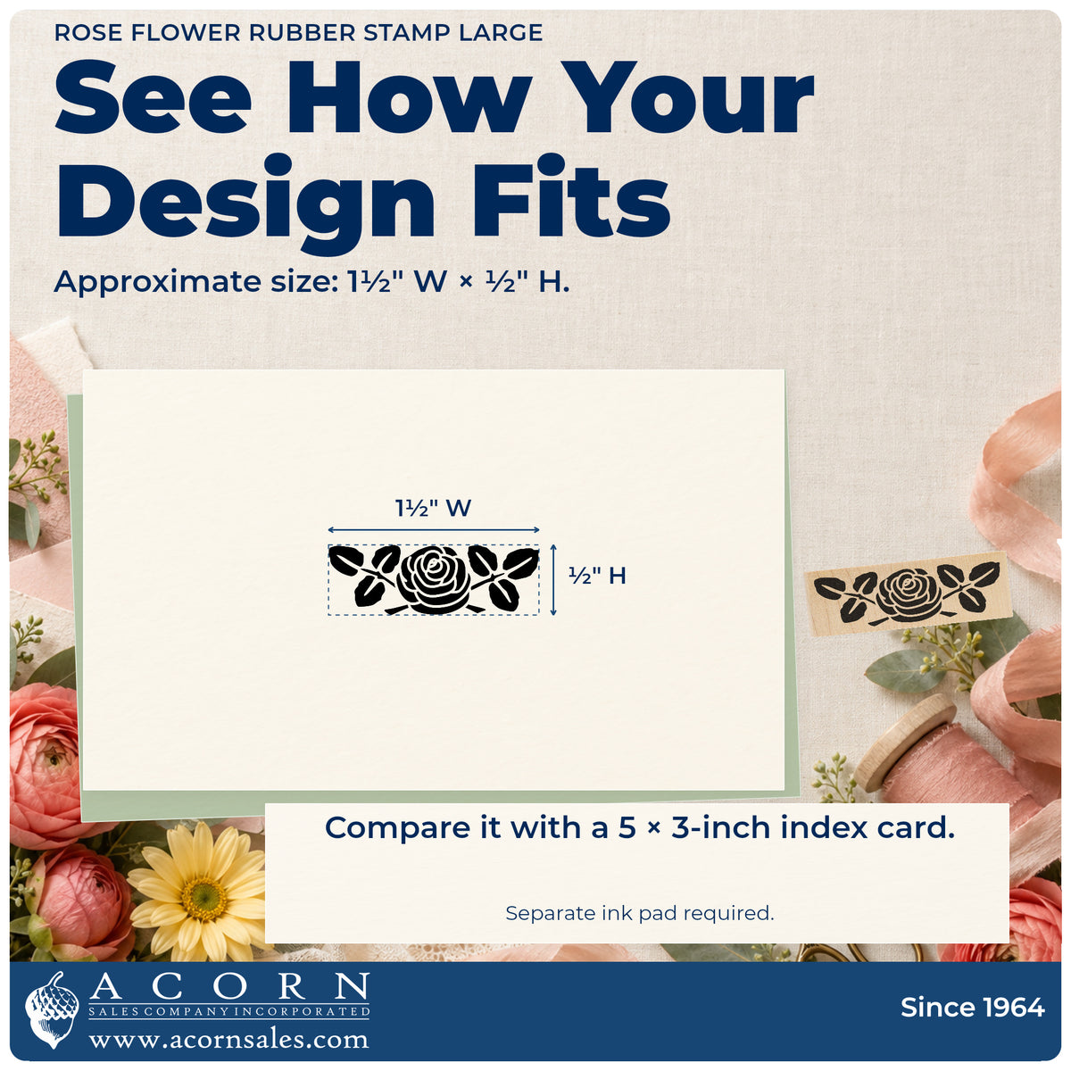 Rose Flower Rubber Stamp Large impression-size guide showing the design on a paper reference with dimension labels.