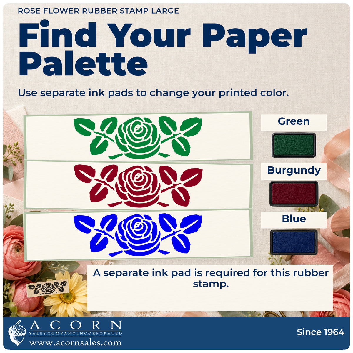 Rose Flower Rubber Stamp Large ink-color infographic comparing three single-color impressions and a separate ink pad.